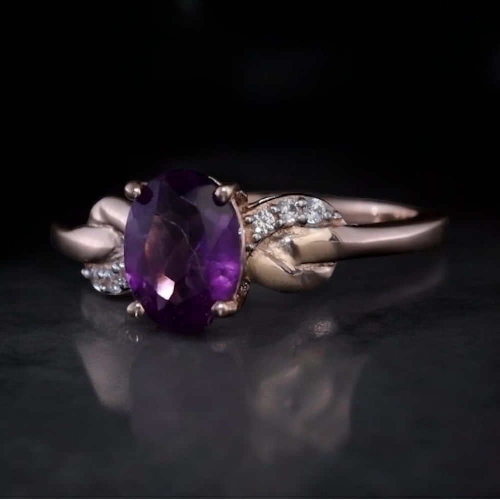 Amethyst & White Zircon Ring in Vermeil Rose Gold Over Sterling Silver 1.25 ctw